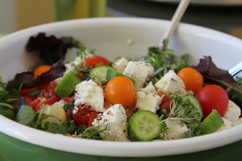 Mit saisonalem Salat und frisch getoastetem Brot schmeckt der Schafkäsesalat nach Urlaub. ©Elisabeth Heidegger/LK Niederösterreich