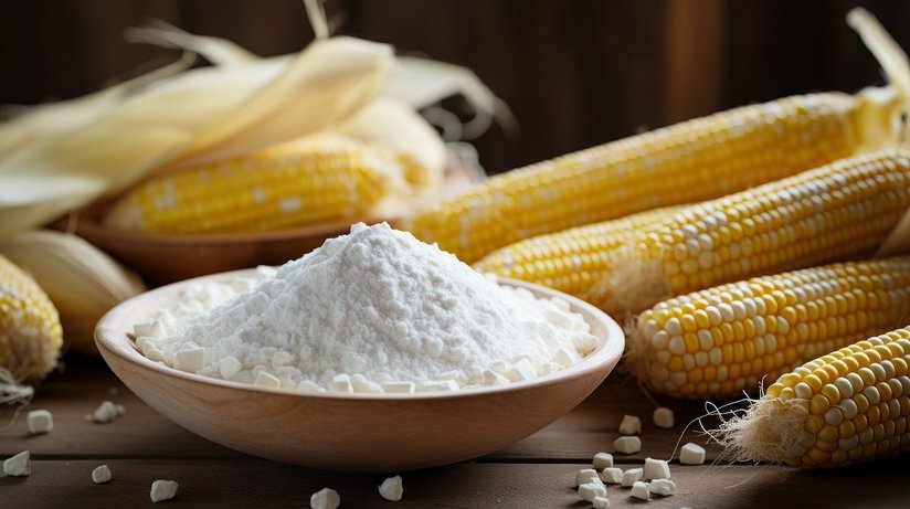 Corn starch in a bowl with ripe cobs and kernels on the table