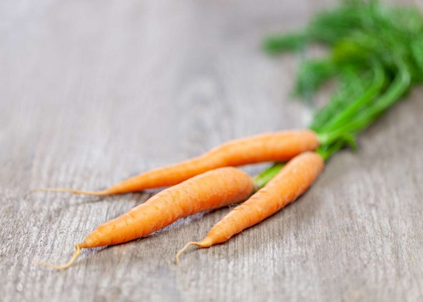 Ein Bund Karotten liegt auf einem Holztisch