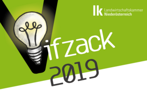 Logo Innovationspreis Vifzack 2019 der Landwirtschaftskammer NÖ mit großem V auf grünem Hintergrund und davor einer Glühbirne