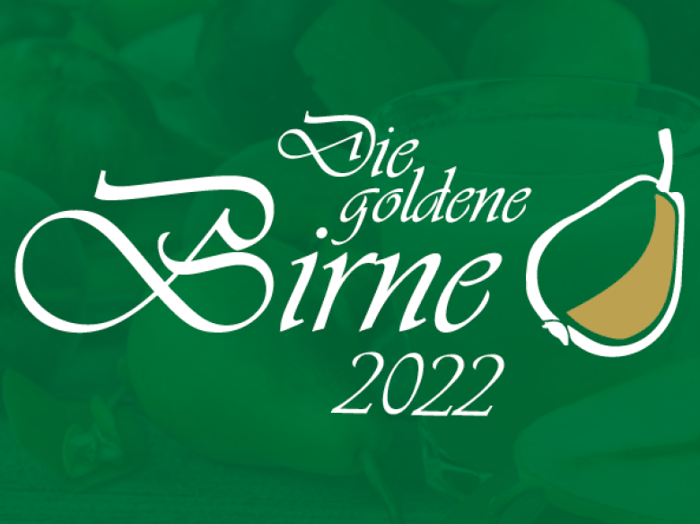 Goldene Birne mit schwarzem Schriftzug "Die goldene Birne 2022"