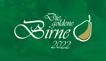 Goldene Birne mit schwarzem Schriftzug "Die goldene Birne 2022"