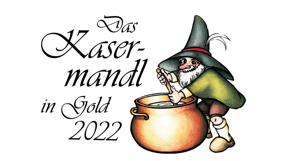 Kobold rührt in Kupferkessel um daneben Schriftzug "Das Kasermandl in Gold 2022"