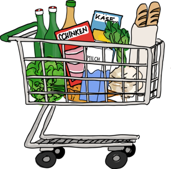 Illustration von Eva Kail mit Einkaufswagen und Lebensmitteln