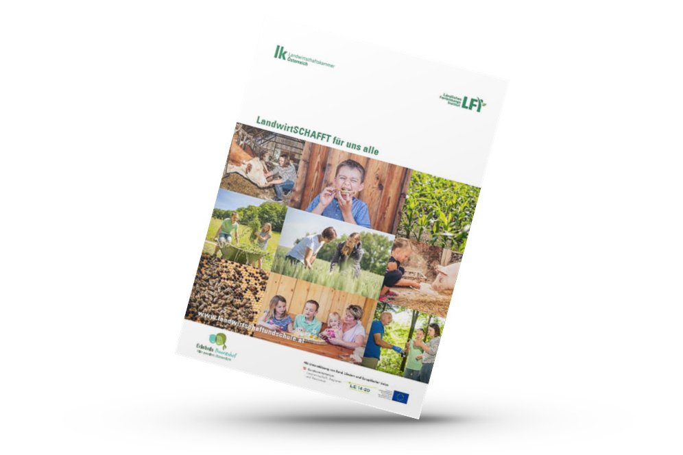 Mockup der Broschüre Landwirtschafft für uns alle von Landwirtschaftskammer Österreich, LFI, Erlebnis Bauernhof und BMLRT