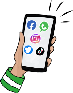 Illustration von Smartphone in Hand mit Social Media Icons Facebook, Instagram, WhatsApp, Tiktok, Twitter von Eva Kail