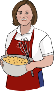 Seminarbäuerin mit Schürze, Schneebesen und Teigschüssel