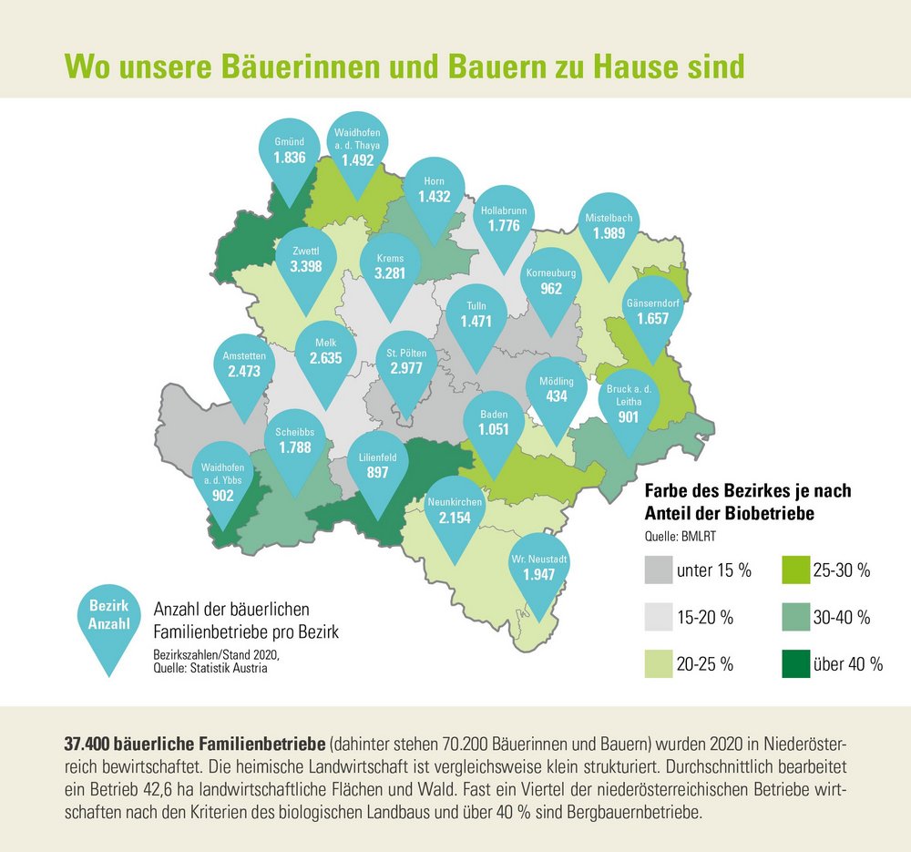Infografik der Zahlen-Daten-Broschüre der Landwirtschaftskammer Niederösterreich zur Verteilung der landwirtschaftlichen Betriebe in Niederösterreich