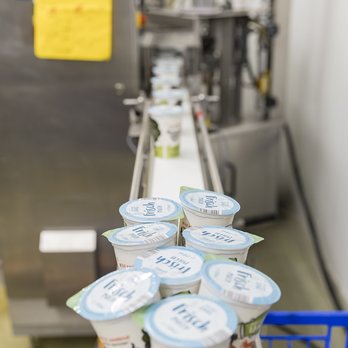 Ein Kiste mit Schulmilch-Gläsern wird mit Milch abgefüllt.