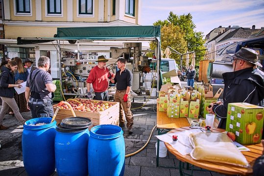 Der frische Saft wird mit einem Schlauch in die Fässer gefüllt.