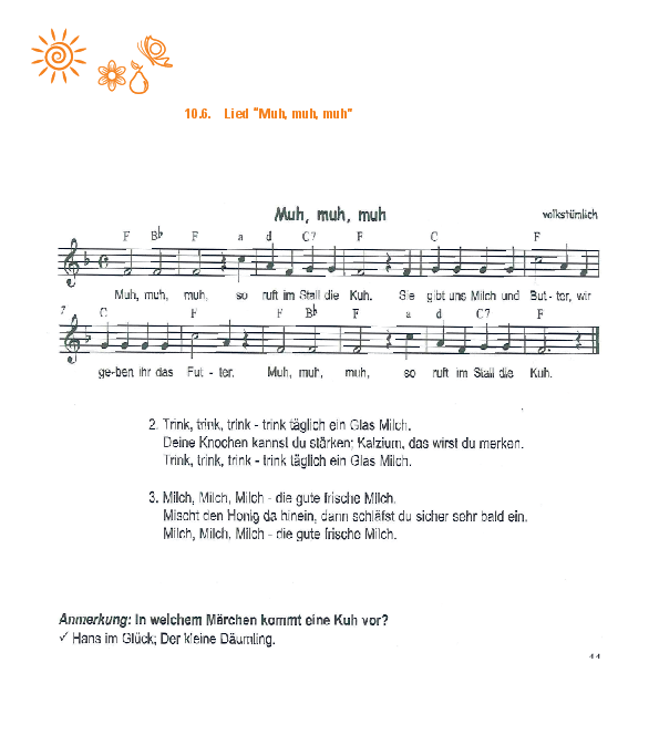 Noten und Text von Muh-Lied über Milch von Quelle: "Kinderliederbuch für Lebensfreude und Lebensmittel" von Mag. Helmut Eiselsberg