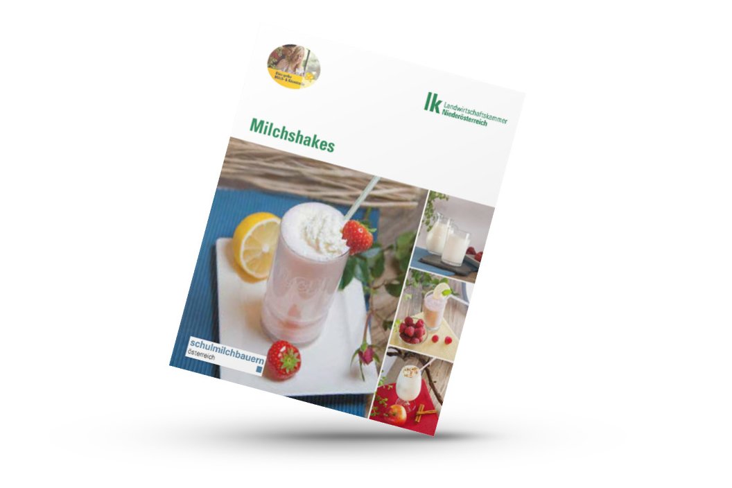 Mockup der Broschüre Milchshakes der Landwirtschaftskammer Niederösterreich und den Schulmilchbauern