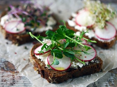 Selective focus. Healthy toasts with white cheese radish and mic