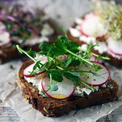 Selective focus. Healthy toasts with white cheese radish and mic