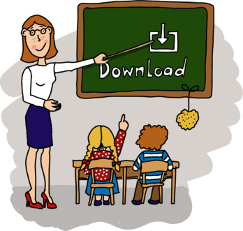 Illustration Lehrerin an der Tafel mit zwei Schulkindern von ©Eva Kail