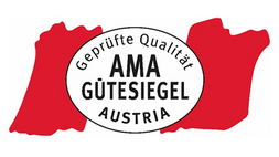Auf rot-weiß-rotem Hintergrund steht in ovaler Form "Geprüfte Qualiätit Austria" und "AMA Gütesiegel"