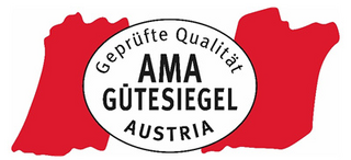 Auf rot-weiß-rotem Hintergrund steht in ovaler Form "Geprüfte Qualiätit Austria" und "AMA Gütesiegel"