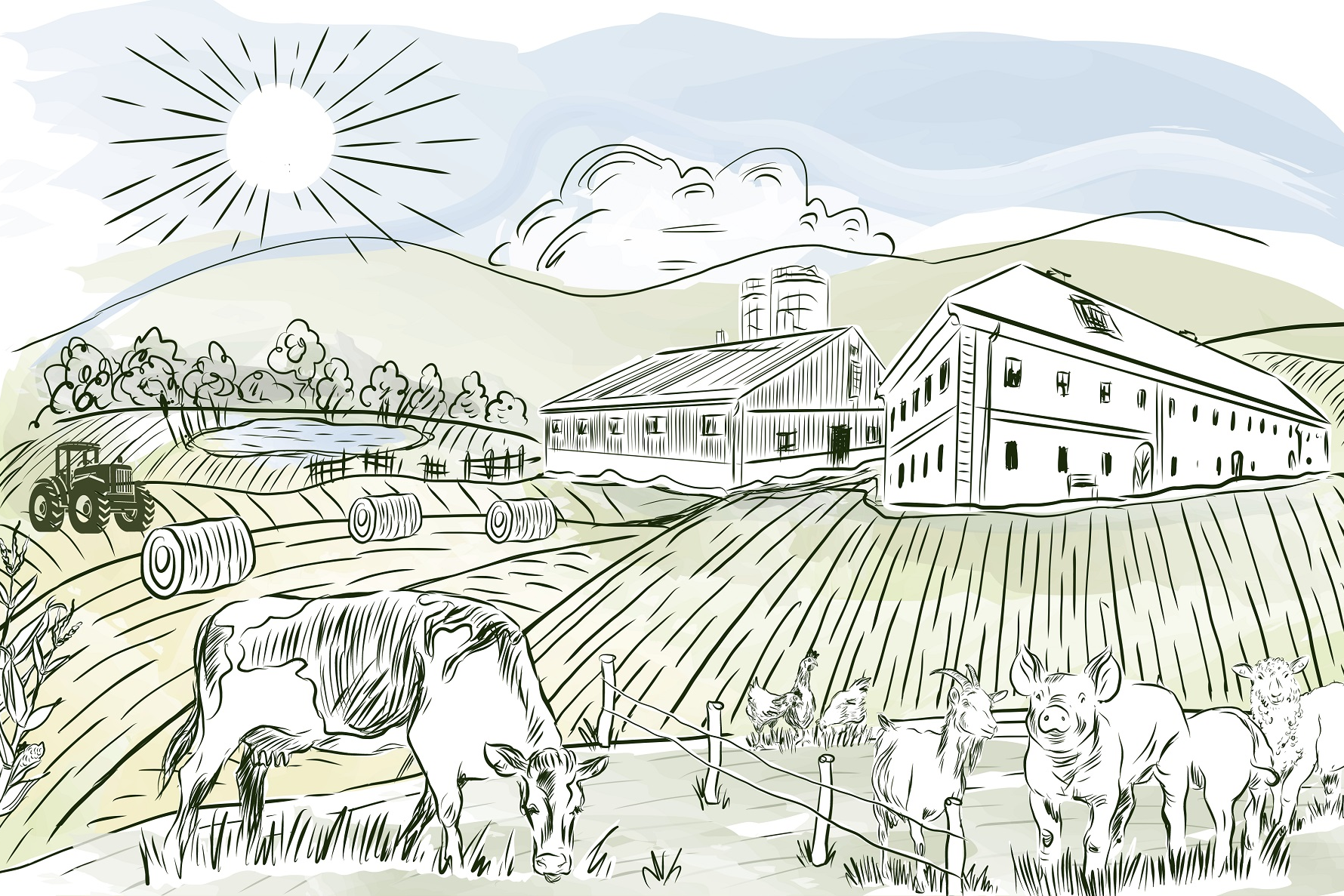 Landschaft Bauernhof mit Tieren