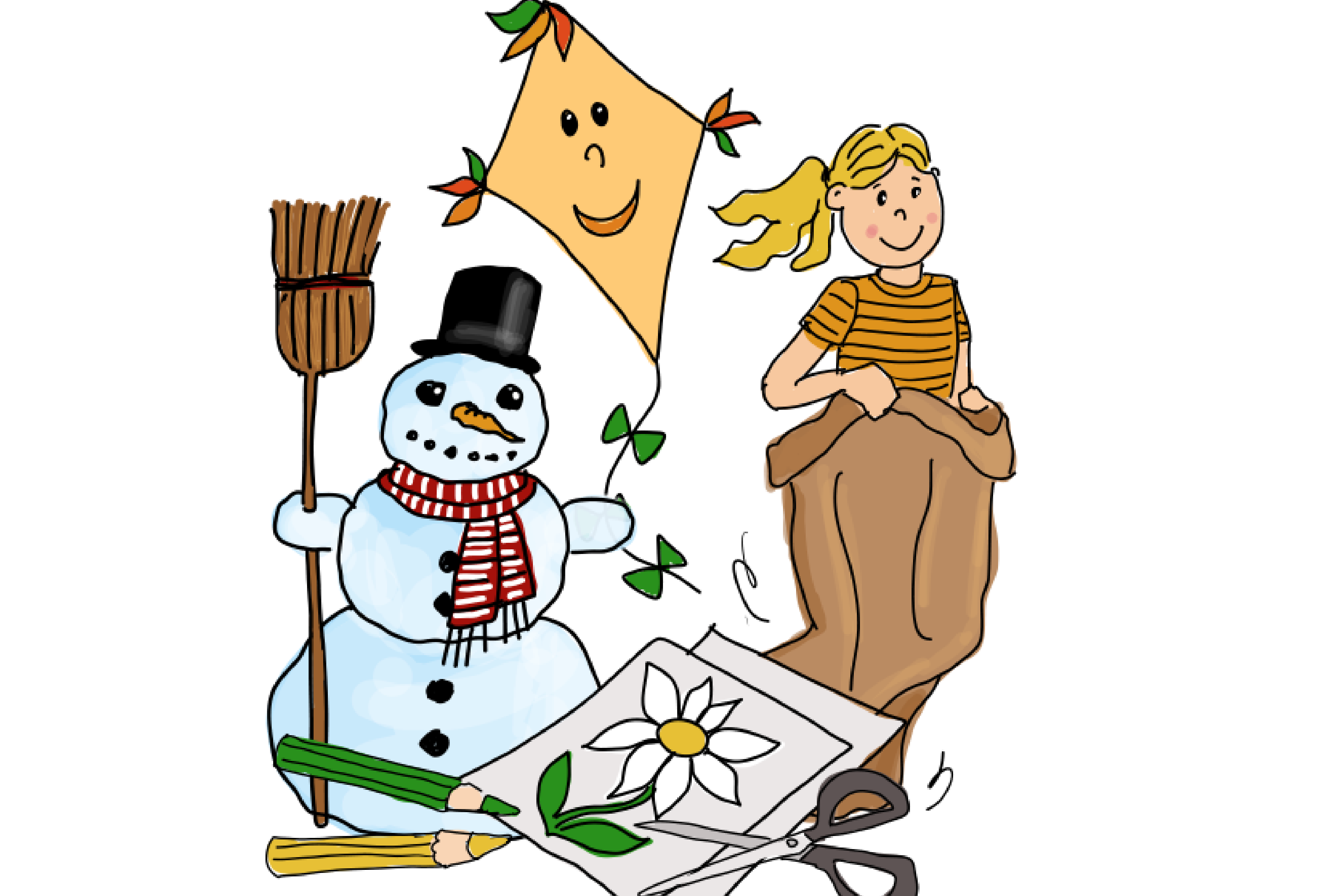 Illustration von ©Eva Kail zu Aktiv sein mit Kindern mit Drache, Schneemann, Zeichnung und Sackhüfen