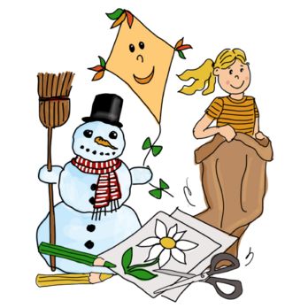 Illustration von ©Eva Kail zu Aktiv sein mit Kindern mit Drache, Schneemann, Zeichnung und Sackhüfen