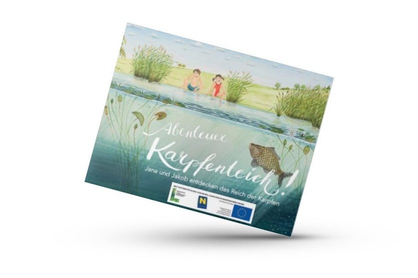 Mockup von Kinderbuch Abenteuer Karpfenteich des NÖ Teichwirteverband von Leo Kirchmaier und Brigitte Baldrian