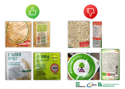 Vier übersichtlich gekennzeichnete Produkte werden vier mangelhaft gekennzeichten Produkten gegenüber getellt.