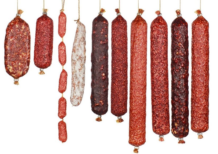 selection salami sausages isolated on white background