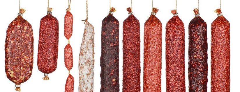 selection salami sausages isolated on white background