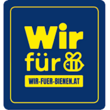 Logo wir für Bienen mit Text in gelb und einer Biene auf dunkelblauem Hintergrund für Niederösterreich
