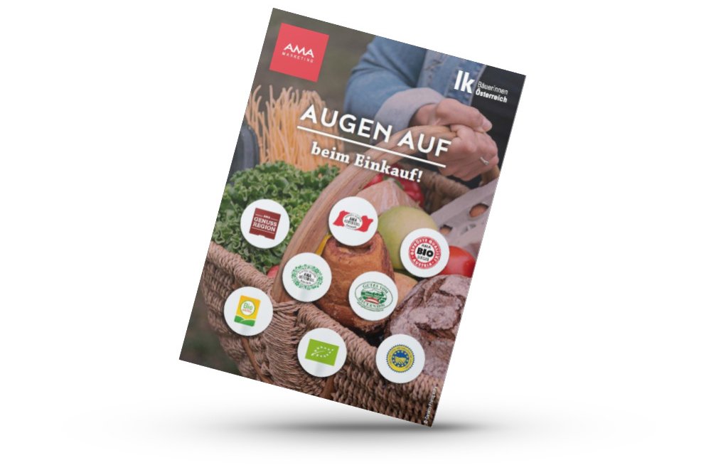 Mockup front Broschüre Augen auf beim Lebensmittelkauf von LFI, Landwirtschaftskammer und AMA