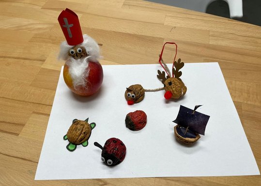 Nikolaus, Schildkröte, Maus, Rentier, Schiff und Marienkäfer basteln aus Schalen von Walnuss