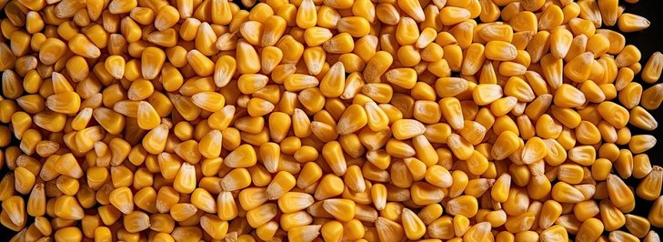 Corn seeds, kernels pile isolated on black background, top view