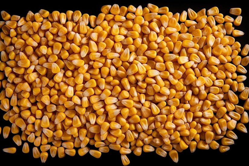 Corn seeds, kernels pile isolated on black background, top view