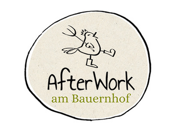 Logo von AfterWork am Bauernhof mit Huhn in Gummistiefel und Heugabel