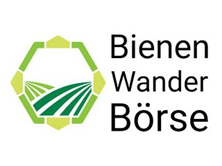 Logo Bienenwanderbörse mit Text "Bienen Wander Börse" und grünem Hoingwaben-Sechseck, in dem zwei grüne Landwirtschaft-Felder angedeutet sind.