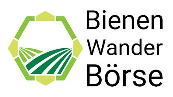 Logo Bienenwanderbörse mit Text "Bienen Wander Börse" und grünem Hoingwaben-Sechseck, in dem zwei grüne Landwirtschaft-Felder angedeutet sind.
