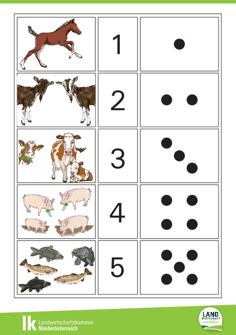 Raster mit Tieren, Zahlen und Punkten zum Zählenlernen