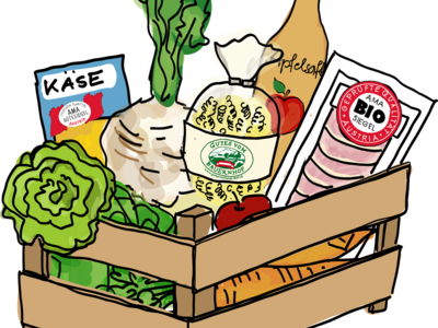 Illustration Einkaufskiste mit Obst, Gemüse, Wurst und Nudeln mit Gütesiegel von Eva Kail 
