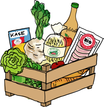 Illustration Einkaufskiste mit Obst, Gemüse, Wurst und Nudeln mit Gütesiegel von Eva Kail 