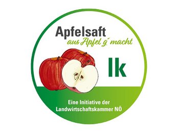 rundes Logo mit Äpfel und Text Apfelsaft aus Apfel g'macht