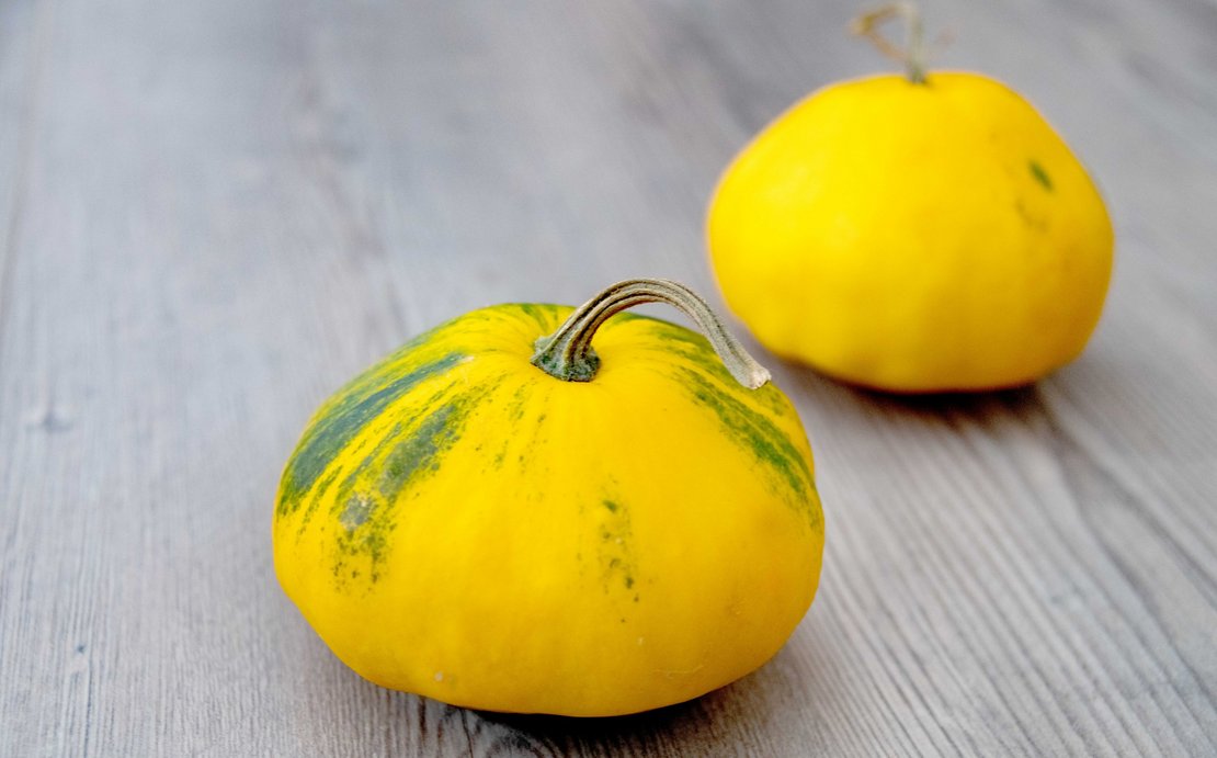 zwei gelbe Speisekürbisse auf Holztisch