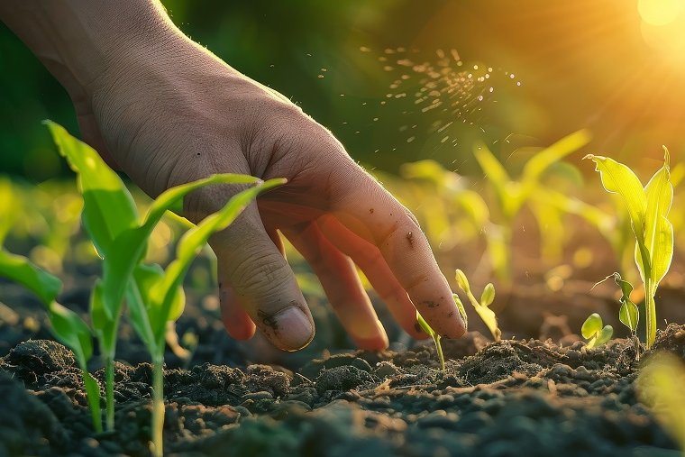 In a cultivated agricultural field, a farmer examines a young gr