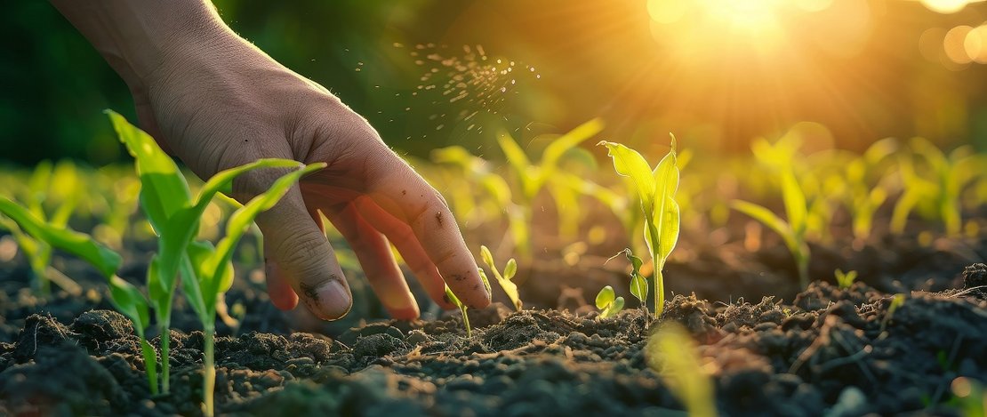 In a cultivated agricultural field, a farmer examines a young gr