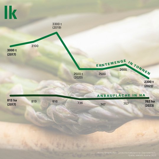 Spargelernte und Anbaufläche von 2017 bis 2023