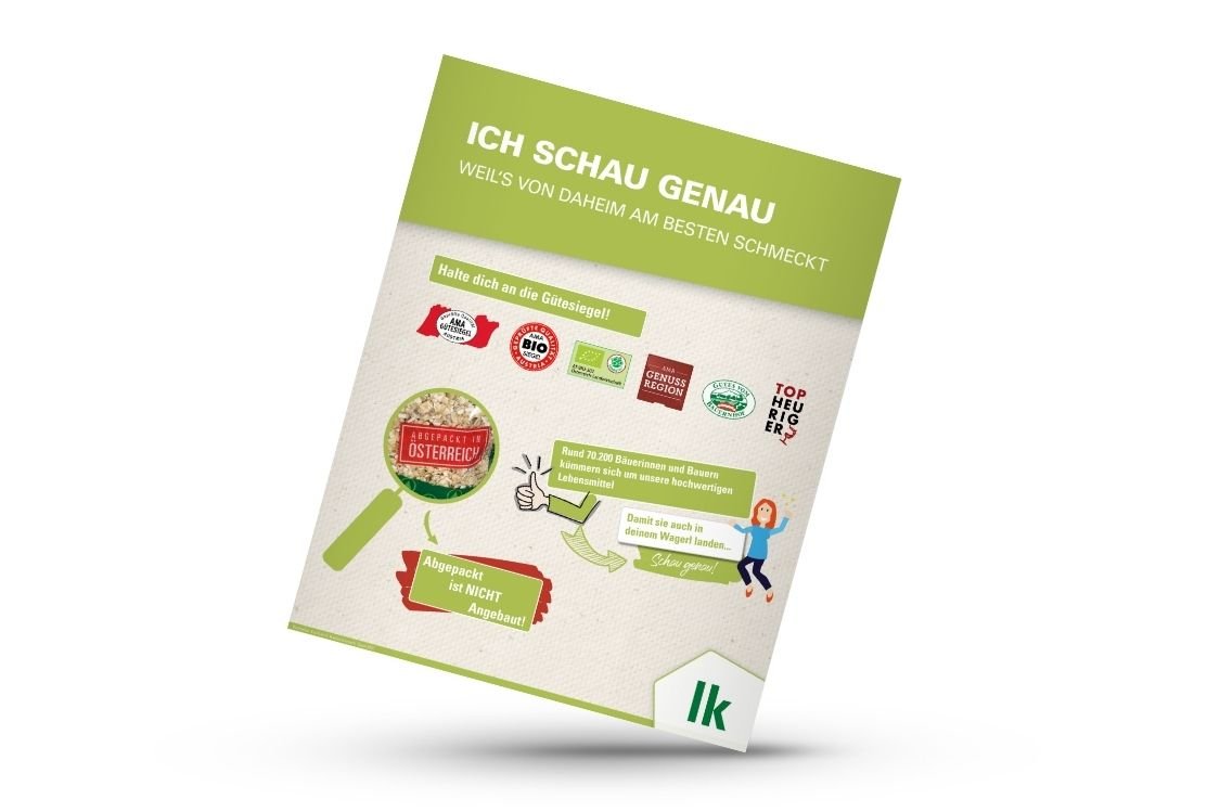 Infografik von Verlass di drauf der Landwirtschaftskammer Niederösterreich zu Gütesiegel und Herkunftskennzeichnung