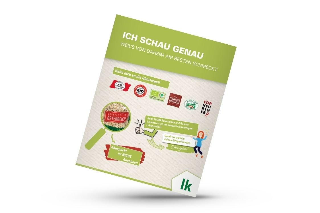 Infografik von Verlass di drauf der Landwirtschaftskammer Niederösterreich zu Gütesiegel und Herkunftskennzeichnung