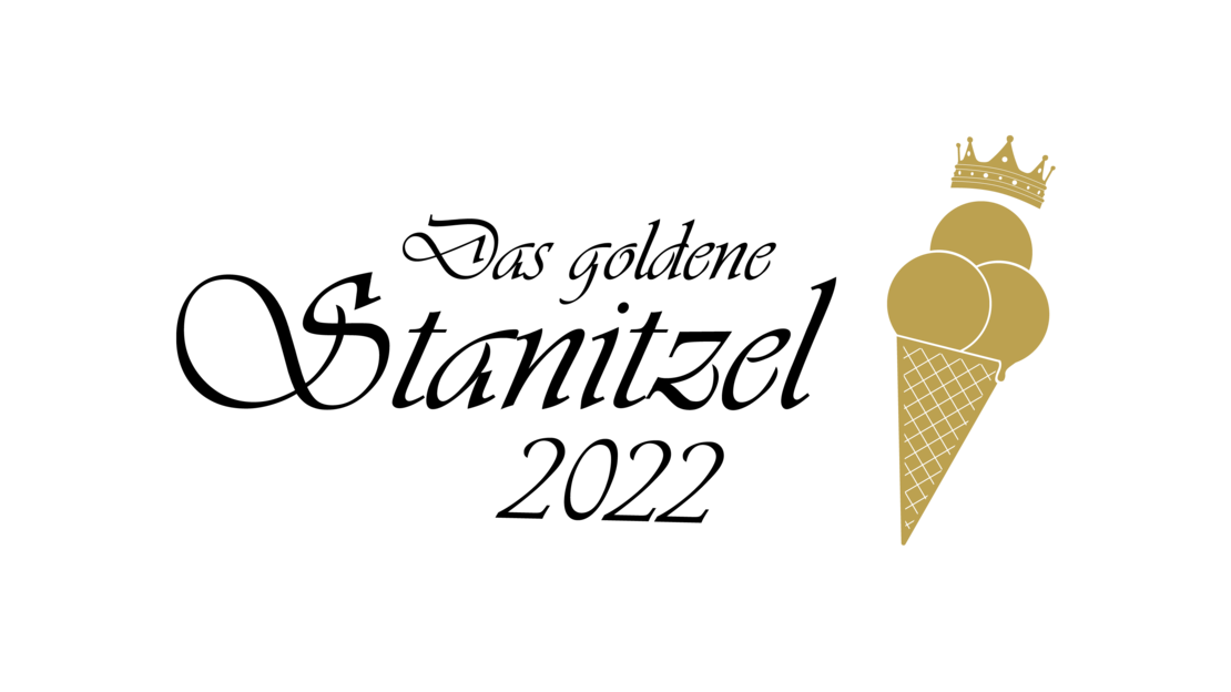 Goldene Eistüte mit drei Kugeln Eis und schwarzem Schriftzug "Das goldene Stanitzel 2022"