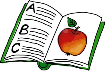 Illustration von aufgeschlagenem Buch mit Buchstaben und Apfel von Eva Kail