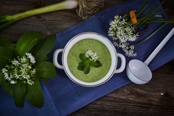 Bärlauch Blätter und Blüten neben Suppentopf mit Bärlauchsuppe und Schöpfer