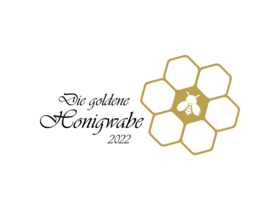 Goldene Waben mit Honigbiene und schwarzem Text "Die goldene Honigwabe 2022"